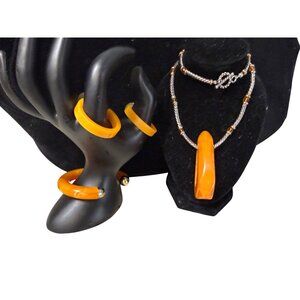 Vtg Orange Bakelite Pendant Necklace Lucite Bracelet & Earrings Jewelry Set prom